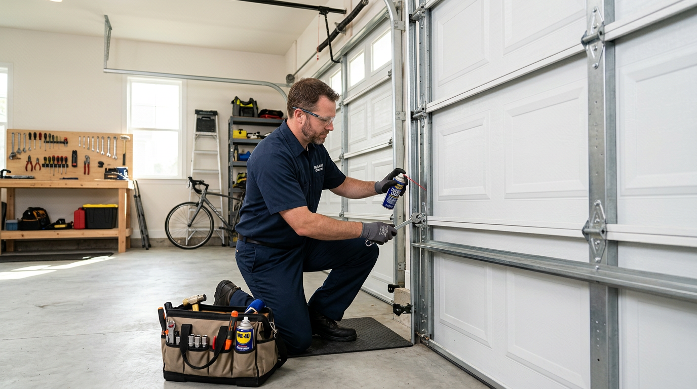 Garage door maintenance and tune-up service being performed by F1 Garage Door Repair Inc technician