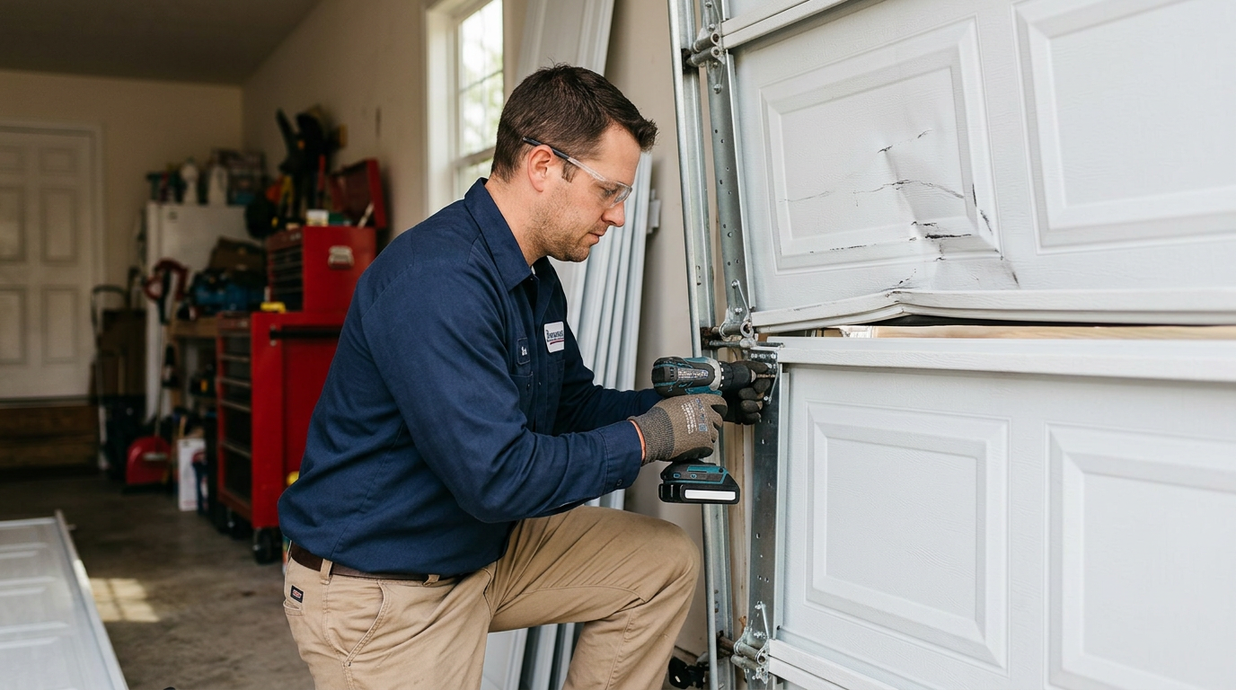 Damaged garage door panel being replaced by F1 Garage Door Repair Inc technician in Nashville
