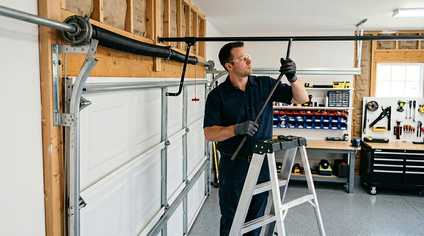 Professional garage door repair technician servicing a residential garage door in Nashville